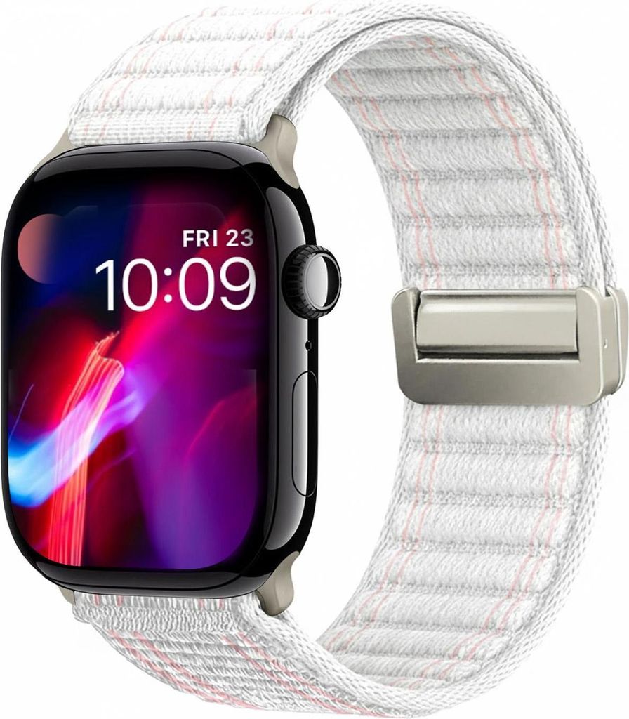 Smartwatch Armband für Apple Watch Series 10 46mm Nylon Textil Band Ersatzband Wechselband Magnetverschluss flexibel atmungsaktiv Weiß