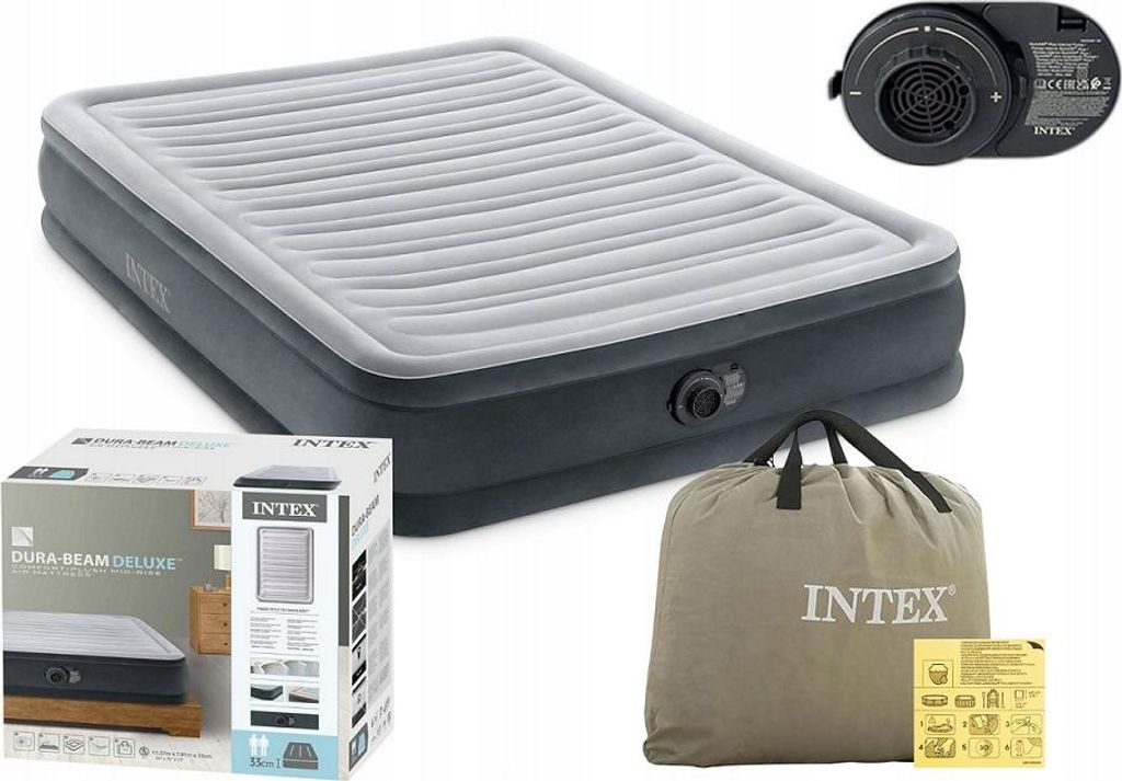 An Intex air mattress set including the mattress, a pump, a storage bag, and packaging.