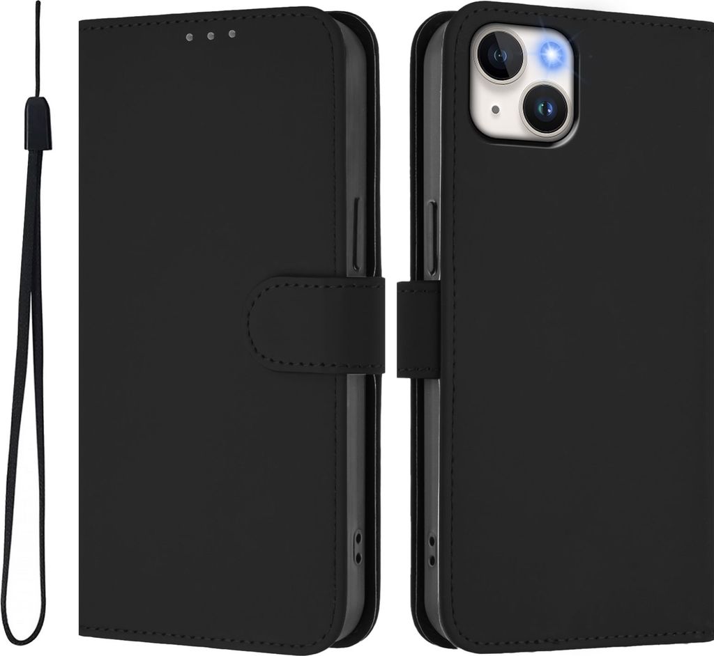 Hülle für Apple iPhone 15 Plus - Phonesta Soft Skin Book Wallet Klapphülle mit Kordel - Schwarz