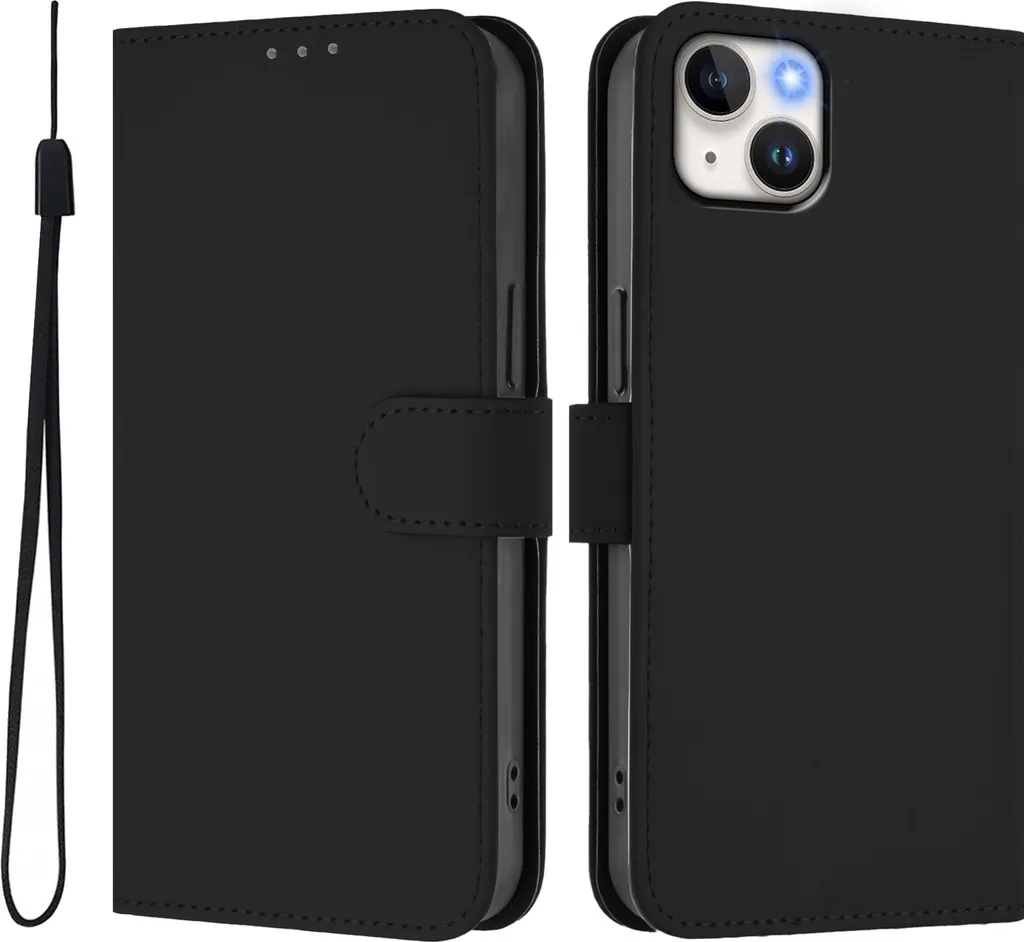 Custodia per Apple iPhone 15 Plus - Cover portafoglio Phonesta Soft Skin con cordino - Nero