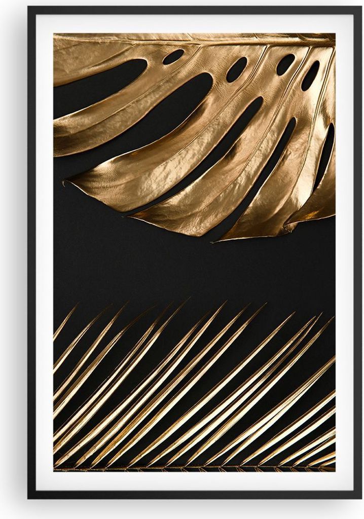 Gerahmtes Poster - Schwarzer Rahmen - Golden Blatt Monstera - 61x91,5 cm - Wand Bild - Wanddeko - Wandbilder - Kunstposter - Wandposter - Bilderrah...