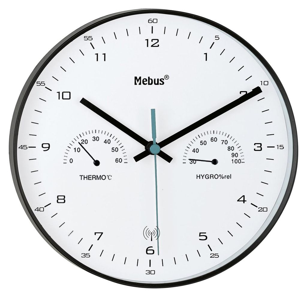 Mebus Funk-Wanduhr mit Thermometer/ Hygrometer, schwarz Produktbild 