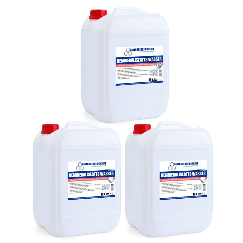Ravensberger Chemie Demineralisiertes Wasser – vollentsalzt & entionisiert, kalkfrei für Auto, Batterie, Haushalt, Dampfbügeleisen und Labor - ...