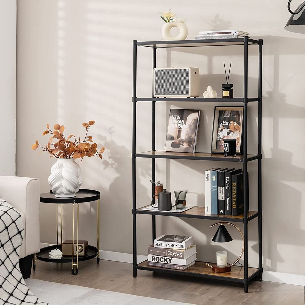 Regal aus Holz mit 5 Ebenen, hohe Bücherlaeden, Aufbewahrungstasche mit Kippschutzvorrichtung, Metallregal für Wohnzimmer, Büro, Arbeitszimmer, ...