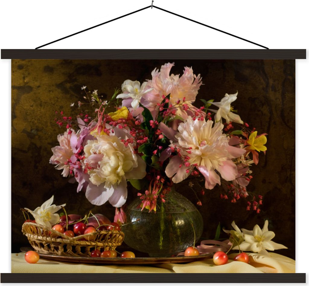 MuchoWow Textilposter Blumen - Korb - Obst 60x45 cm mit schwarzem Rahmen - Poster Schlafzimmer