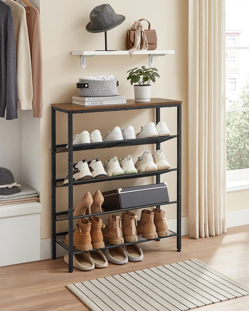Schuhregal & Schuhablage - Offenes 5-Ebenen-Regal - 28×75×93 cm - Große Ablage oben für Taschen - Honigbraun
