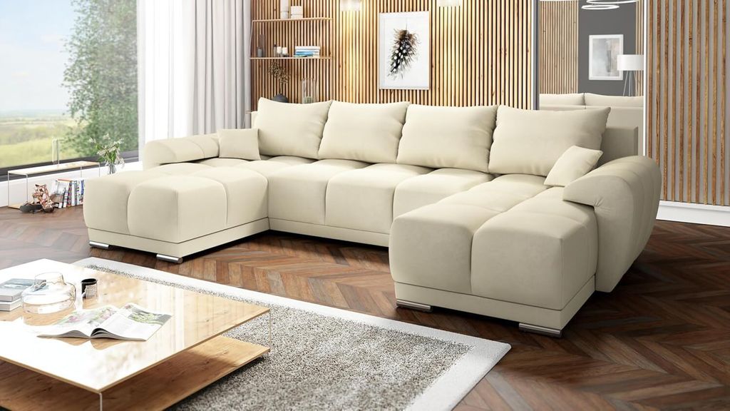 Velvet Ecksofa in U-Form – Creme M04 Sofa – Couch mit Stauraum und Kissen - Ausziehbares Schlafsofa – Sofa mit Schlaffunktion - Schlafsofa mi...