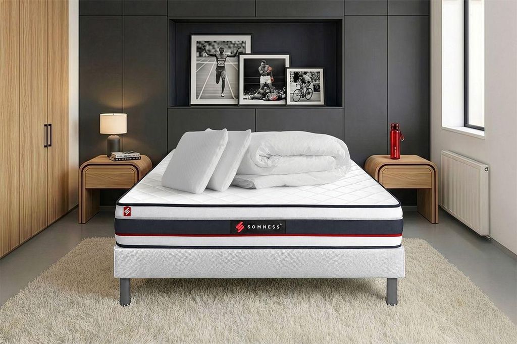Komplettpaket Bett - Matratze 180x200 cm + Boxspringbett mit Lattenrost (im Set) + 2 Kopfkissen + Bettdecke - Form