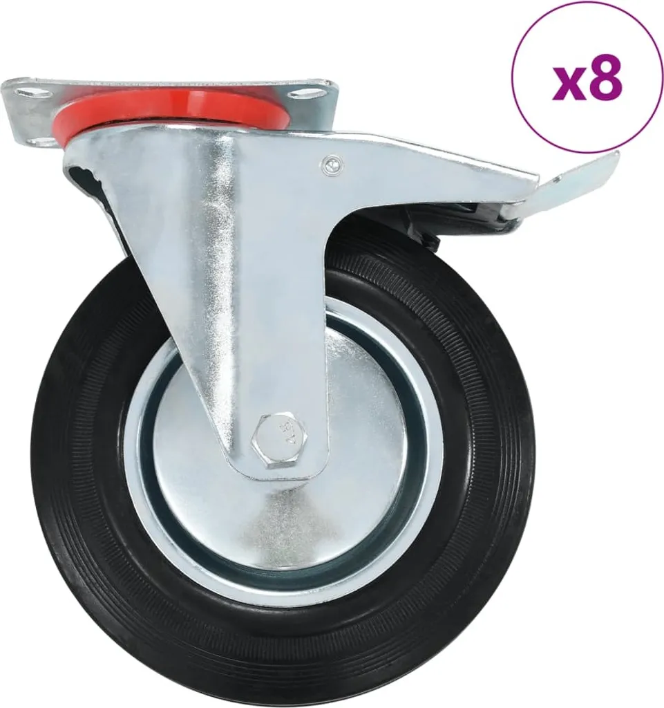 Roulettes de 200 mm pivotantes en acier zingué avec bandage caoutchouc
