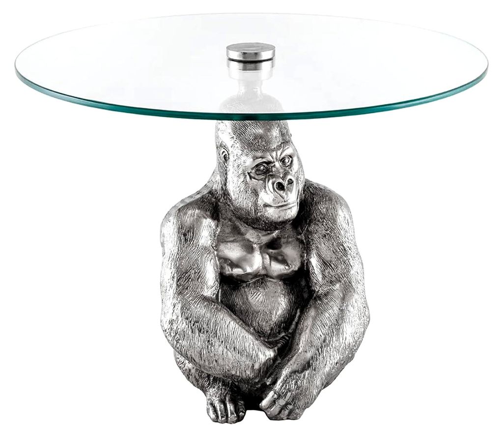 Couchtisch Wildlife Kong - 60cm - Silber - Metall Glas Gorilla Tisch Skulptur handgefertigt