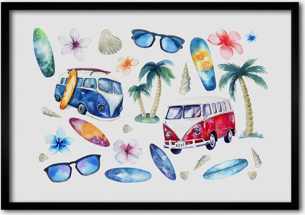 Bild - Bilder - Bilderrahmen - 70 cm x 50 cm - MDF-Rahmen, Wandkunst Symbole Surfen