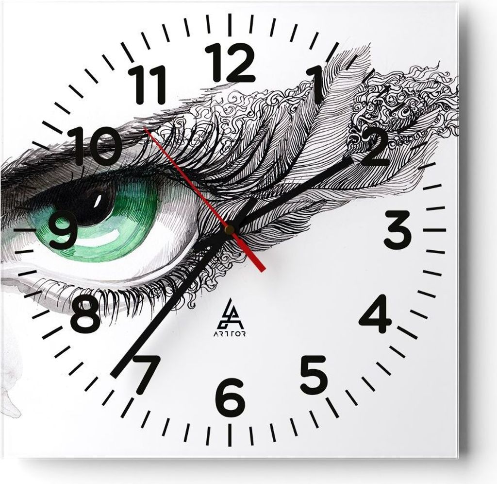 Wanduhr - Quadrat - Glasuhr - Auge Feder Skizze Menschen - 40x40cm - Schleichendes Uhrwerk - Lautlos - zum Aufhängen bereit - Dekoration Modern - ...