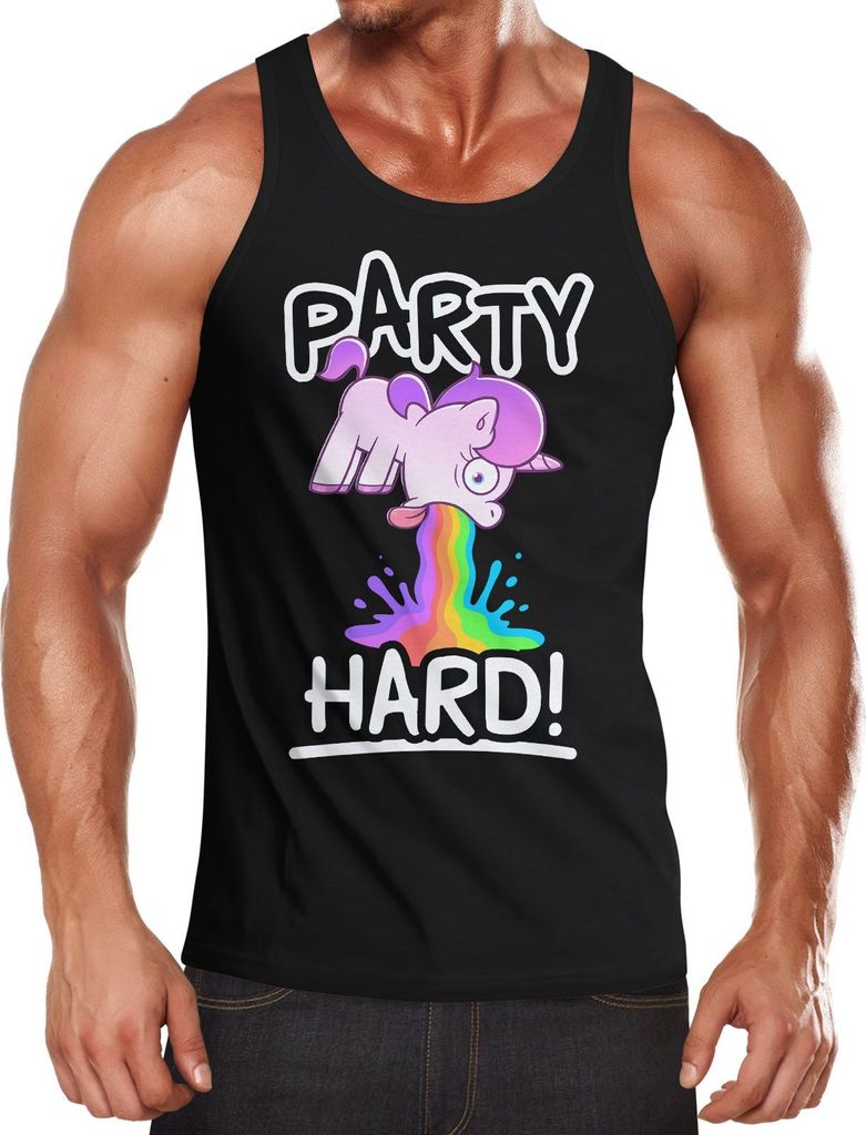 Herren Tanktop Party Hard kotzendes Einhorn Feiern Saufen Fun-Shirt Spruch lustig Muscle Shirt Achselshirt Moonworks schwarz L