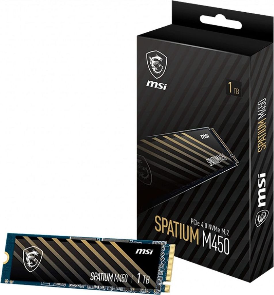 MSI SPATIUM M450 1TB NVMe M.2 SSD and its packaging.
