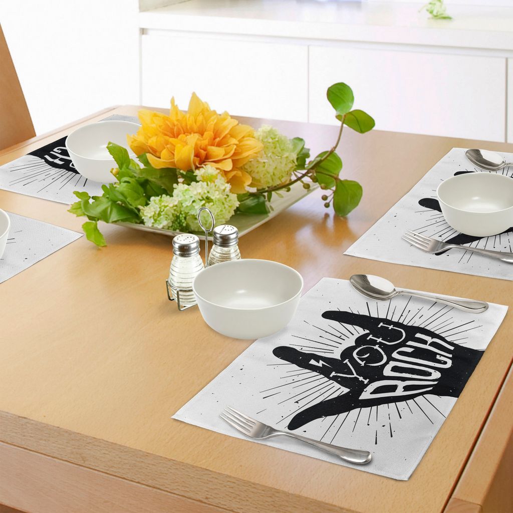 ABAKUHAUS Rockmusik Platzmatten, Sie Rock-Zitat mit Devil Symbol und abstrakten Linien Monochrome Tattoo Pattern, Tiscjdeco aus Farbfesten Stoff f...