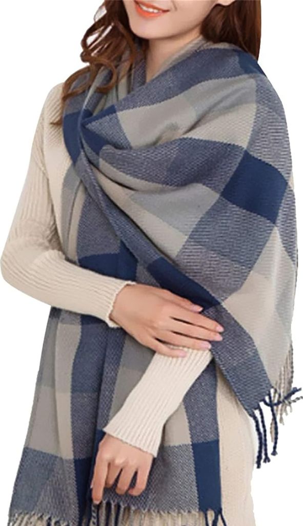 Karierter Damen Schal mit Fransen, im Oversize Look, Halstuch Deckenschal, A0320 Blau-Grau