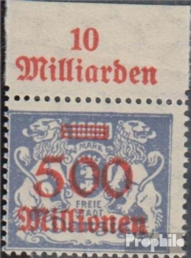 Briefmarken Danzig 1923 Mi 176OR II, Oberrand mit Reihenwertzahl nur des Aufdrucks postfrisch Aushilfsausgabe