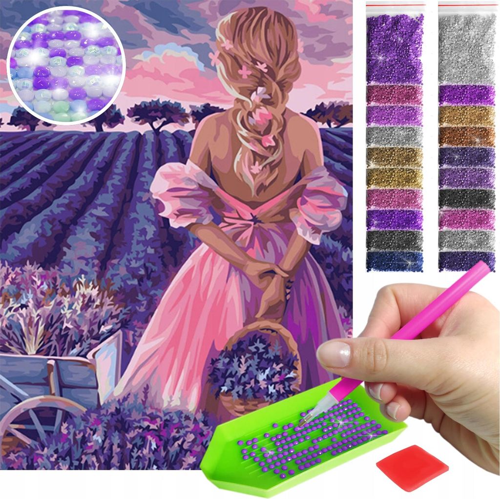 ARTULIO - Diamond Painting Set - Frau im Lavendelfeld - 40 x 30 cm - AB Steine, AB Diamant - Crystal Art, Komplettset Mosaik + Zubehör