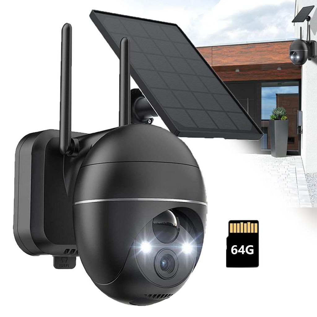 2K Solar Überwachungskamera Aussen Akku Kabellose Überwachungskamera mit Farbnachtsicht PIR Bewegungsmelder Sirene/Weißlichtalarm mit 64G TF Karte