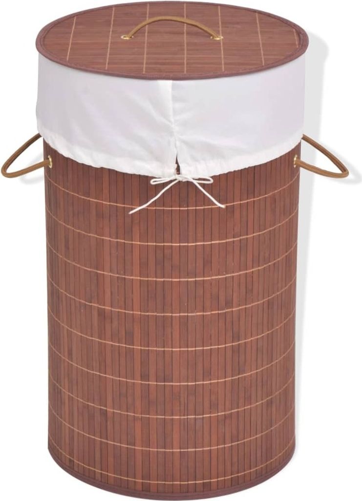 Runder Brauner Bambus Wäschekorb 35x60 cm, zerlegbar, mit feuchtigkeitsabweisender Polyester-Stoffeinlage