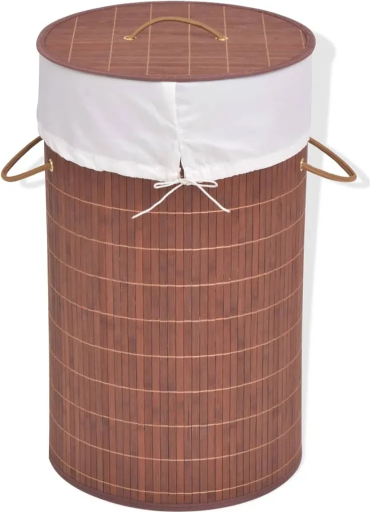 Corbeille à linge ronde en bambou marron foncé pour salle de bain
