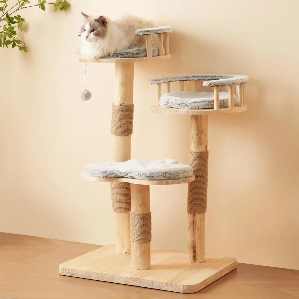 MODFU Arbre à Chat en Bois avec Coussins Lavables Gris - 60x48x98 cm
