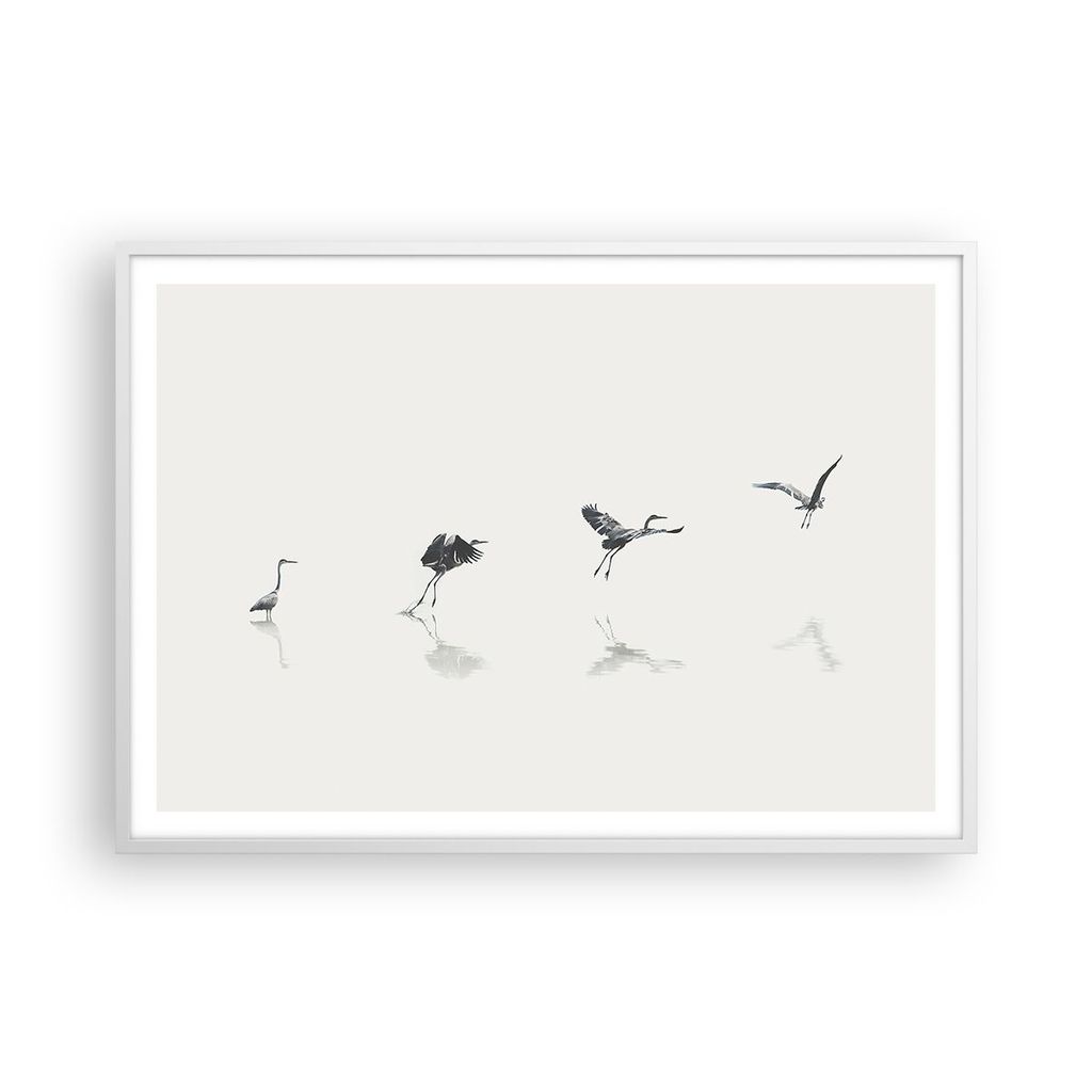 Gerahmtes Poster - Weißer Rahmen - Flug Vogel Reiher - 100x70 cm - Wand Bild - Wanddeko - Wandbilder - Kunstposter - Wandposter - Bilderrahmen - B...