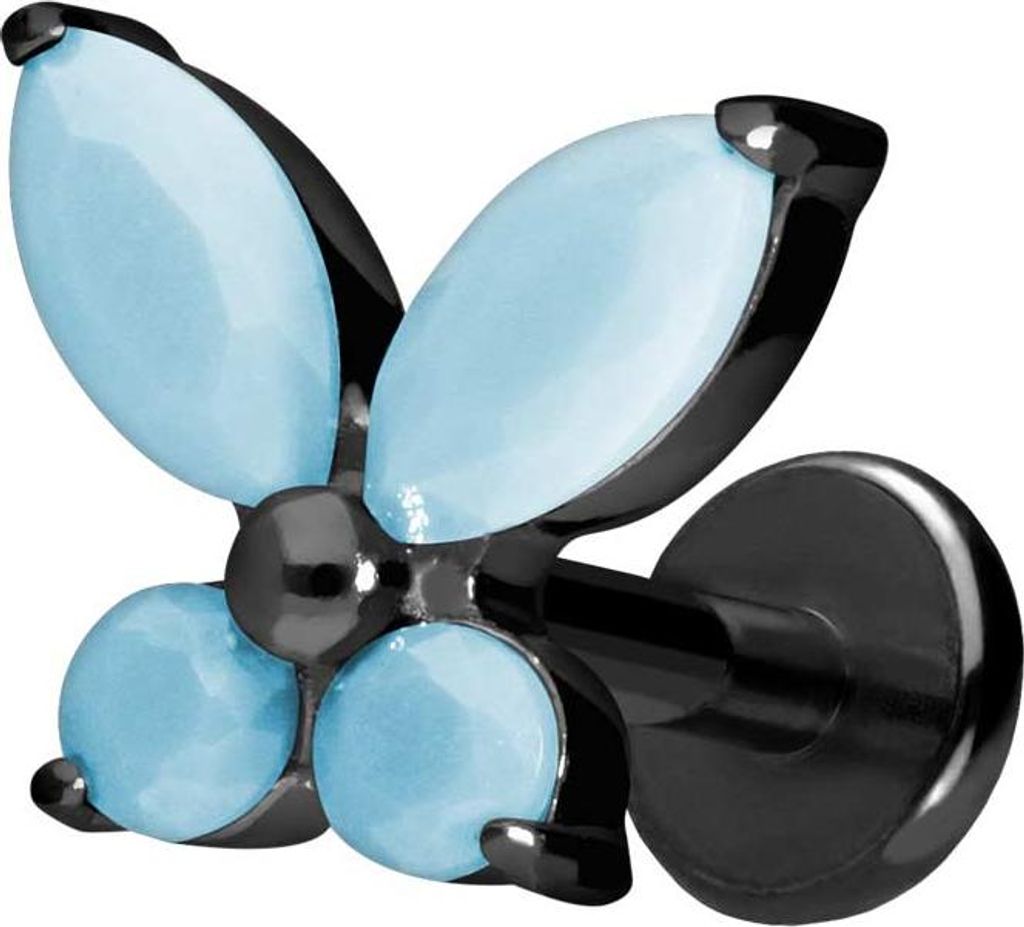 Ohrpiercing, Nasenpiercing Titan Labret mit Push Fit SCHMETTERLING + SYNTHETISCHE TÜRKISE Schwarz Stablänge: 8mm | Stabstärke: 1,2mm