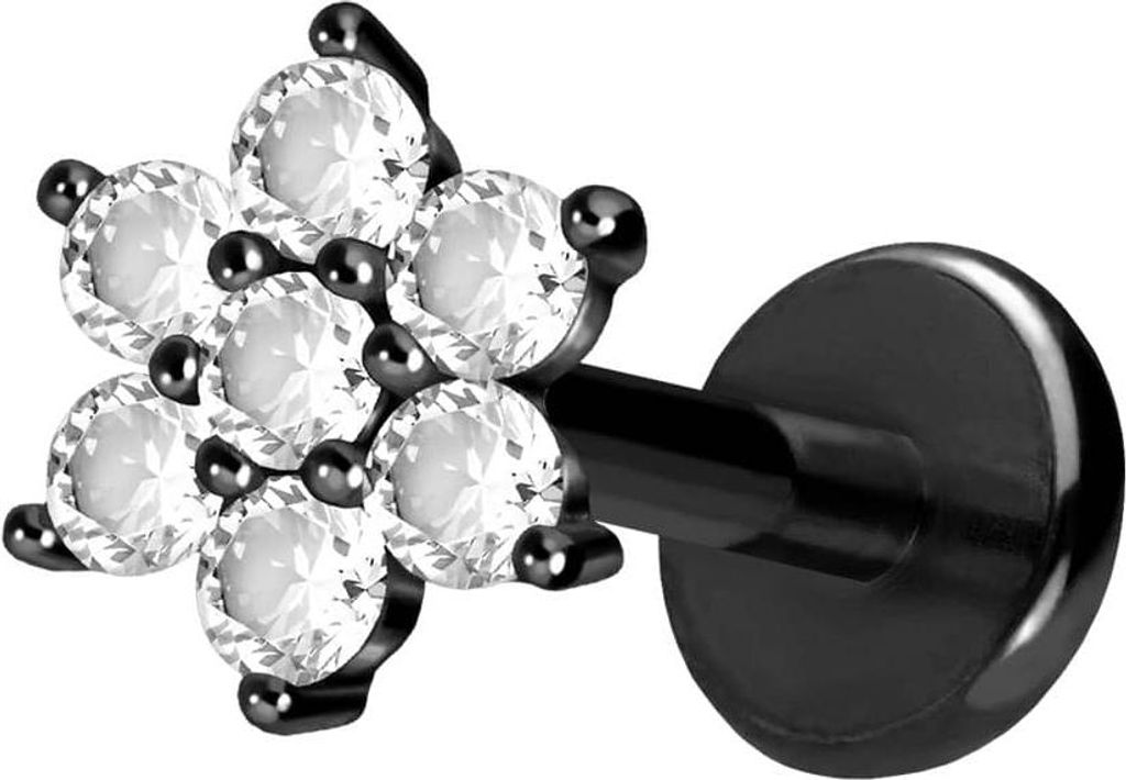 Ohrpiercing, Nasenpiercing Titan Labret mit Push Fit KRISTALLBLUME Schwarz Stablänge: 8mm | Stabstärke: 1mm