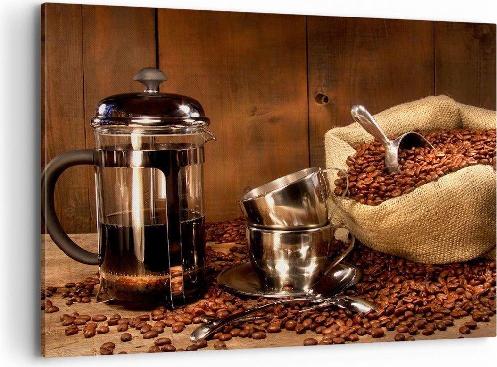 Bild auf Leinwand - Leinwandbild - Kaffeebohnen gerösteter Kaffee Tasse - 100x70cm - Wand Bild - Wanddeko - Leinwanddruck - Bilder - Kunstdruck - ...