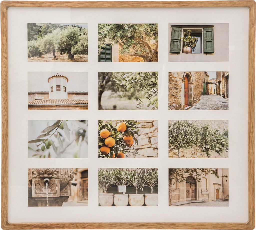 A collage of 12 photos depicting scenes from a Mediterranean village, likely related to an olive grove or citrus farm.