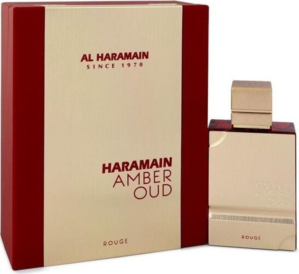 A product shot of Al Haramain Amber Oud Rouge Eau de Parfum and its packaging.