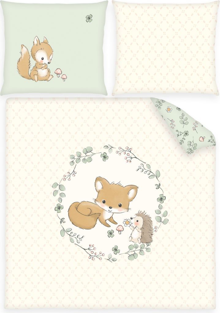 Babybettwäsche 80x80 & 35x40 – Wende-Bettwäsche Set für Wiege & Kinderwagen – Waldfreunde - 100% Baumwolle Renforcé