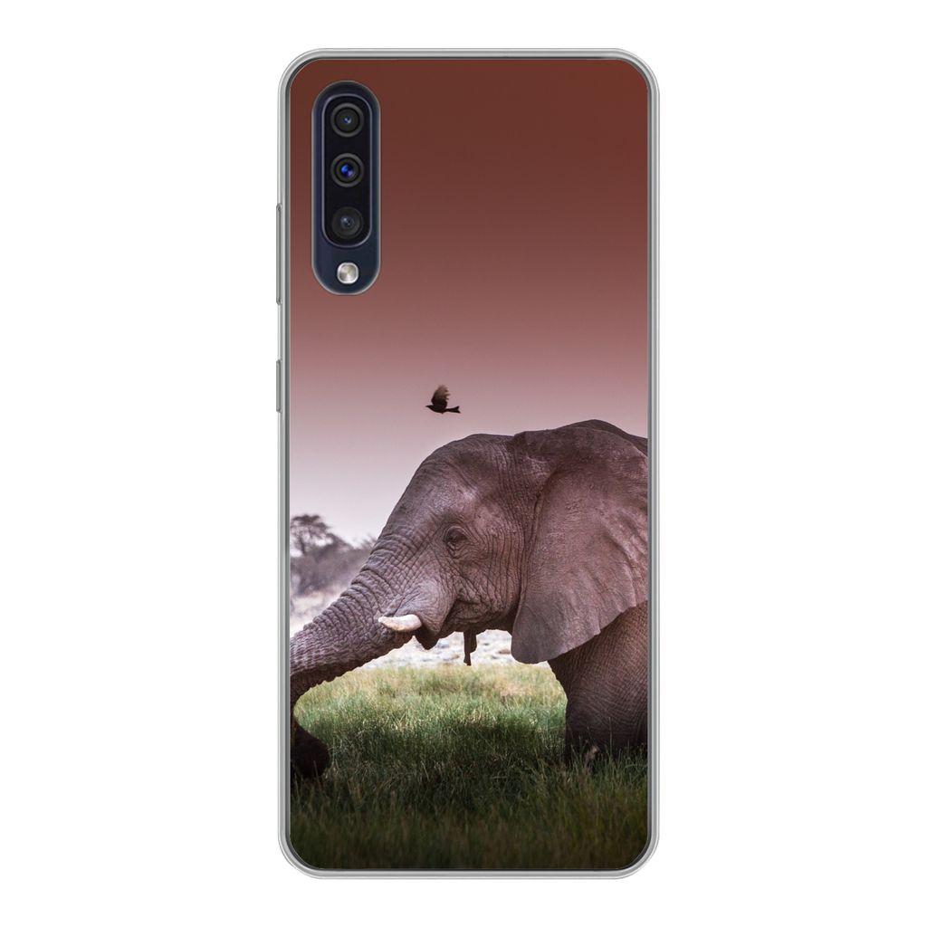 MuchoWow Handyhülle Schutzhülle Hülle für Samsung Galaxy A30s Elefant - Gras - Sonne - Tiere Silikon Softcase Handy Hülle - Karteninhaber