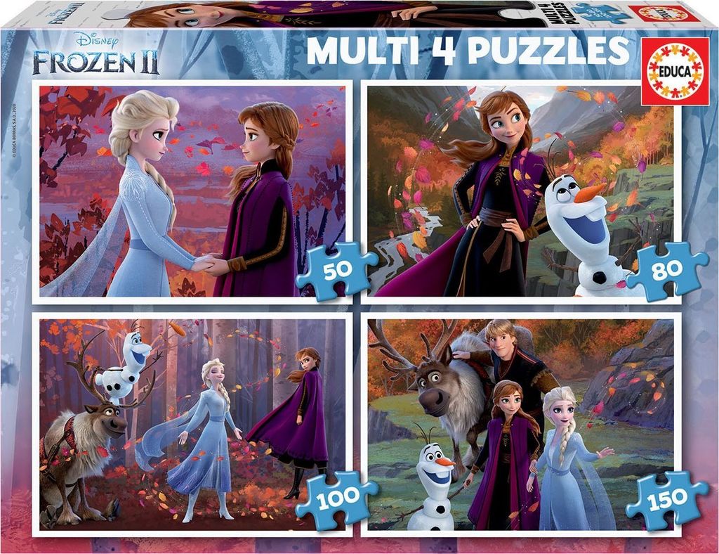 Educa 18640, Die Eiskönigin 2, 4in1 Puzzleset mit 50/80/100/150 Teilen für Kinder ab 5 Jahren, ELSA und Anna, Olaf, Disney, Frozen II