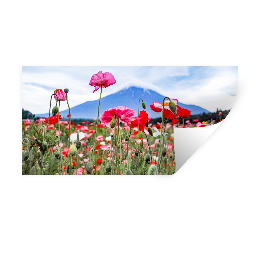 MuchoWow Wandtattoo Wandsticker Wandaufkleber Rosa Mohnblumen für einen Berg 80x40 cm Selbstklebend und Repositionierbar - Aufkleber