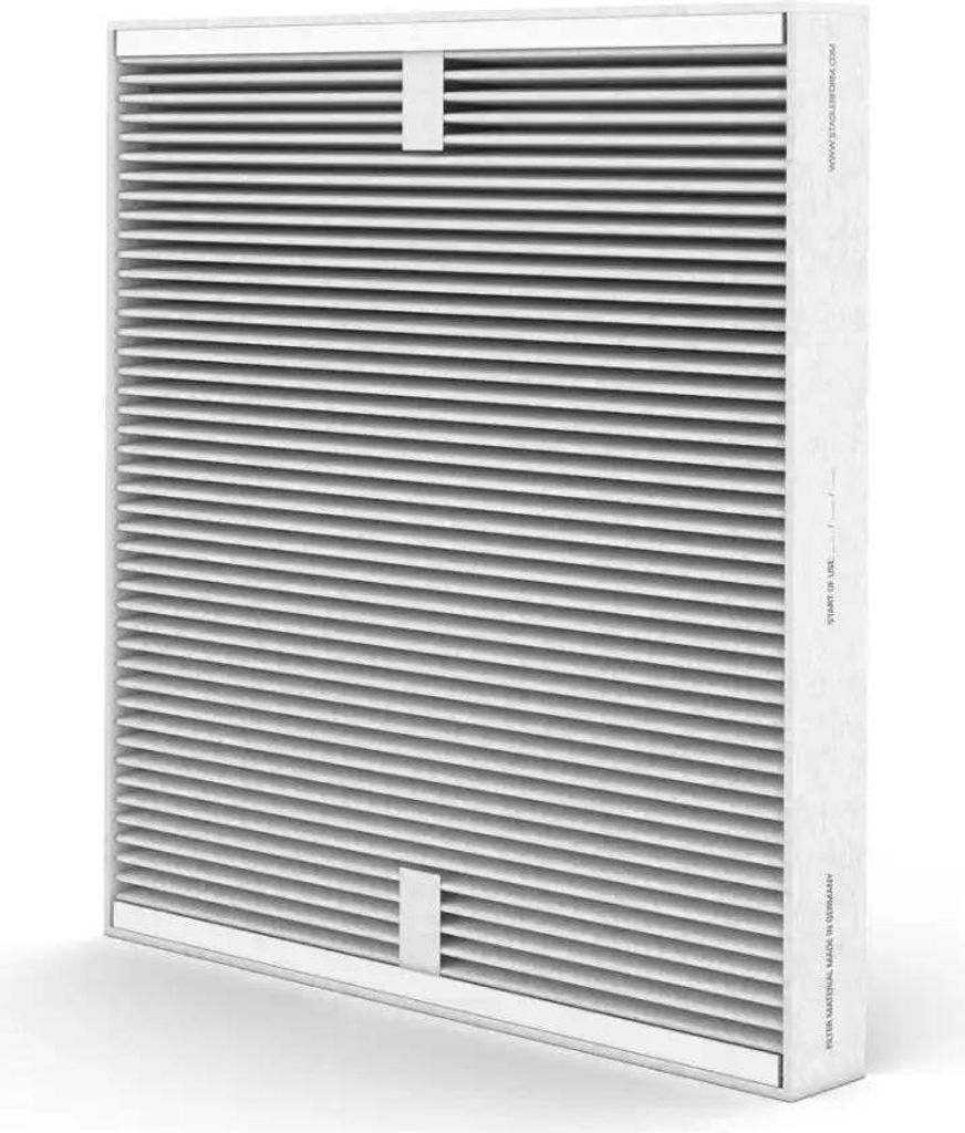 A white air filter with horizontal gray slats, presented on a white background.