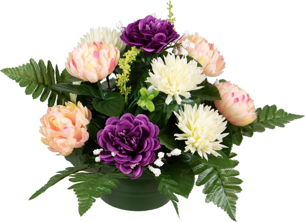 Kunstlicher Blumenstraus Crysants im Topf - lachs/violett/creme - 30 x 24 cm - Blumenarrangement