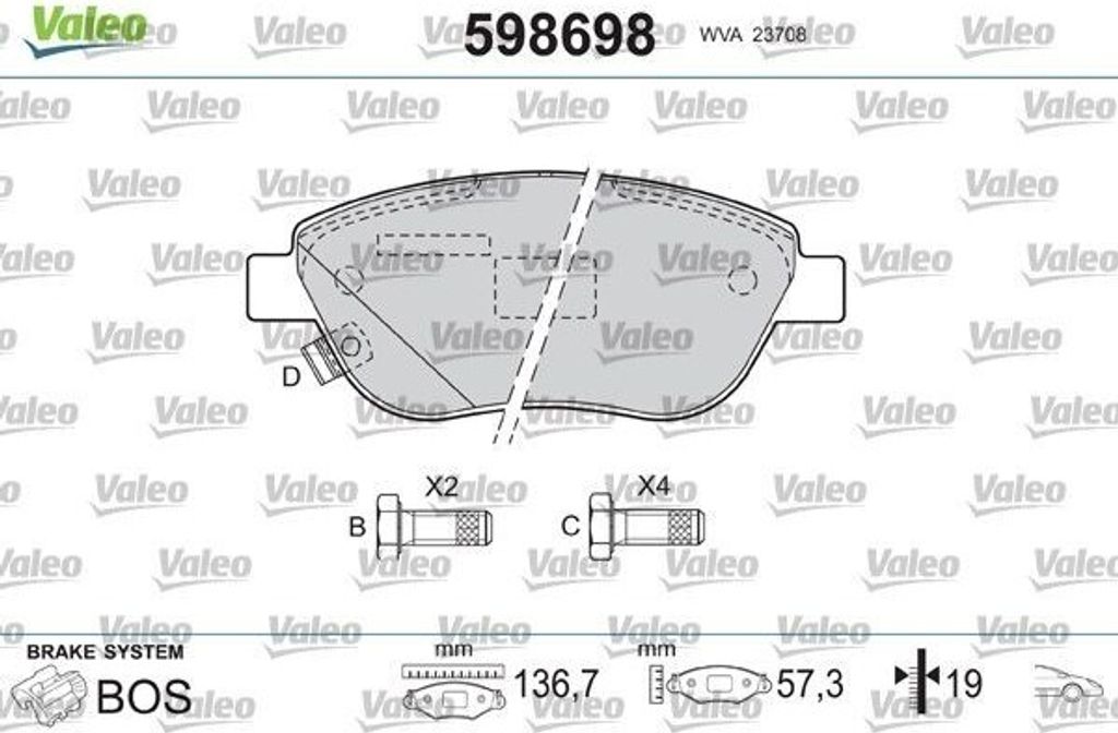 VALEO 598698 - OE 77366528 Bremsbeläge, Vorne für 500 (312), Doblo, Idea