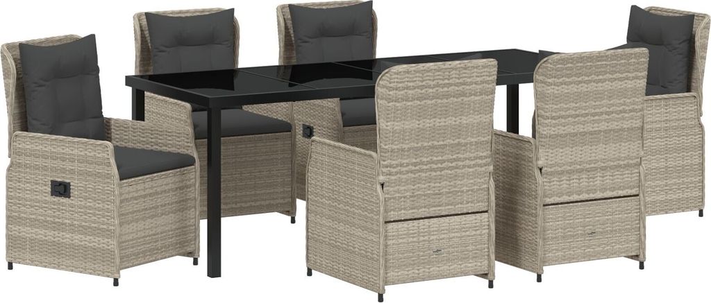 Möbel 7-teilige Garten Essgruppe Hellgrau Poly Rattan, Gartentisch Schwarz 200x80x73 cm Sicherheitsglas - Gartenstühle 3380979