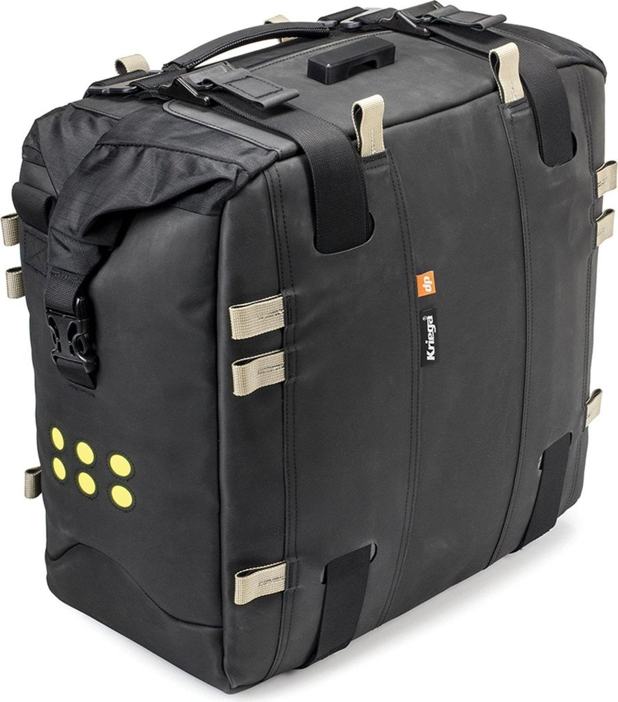 A black motorcycle saddlebag with tan straps and yellow reflectors.