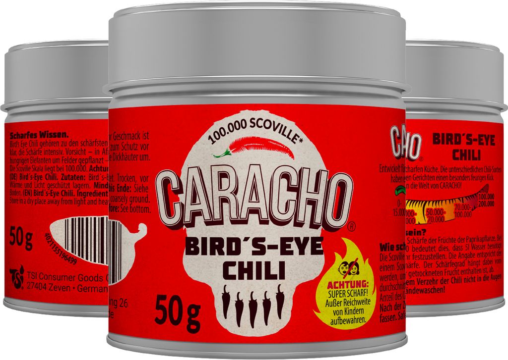 CARACHO 10er Pack x 50g Bird Eye Chiliflocken - 100% Extrem Scharf - Chillipulver in Metal Gewürz Dose/Scoville: 100.000-200.000 / Vorteilspack