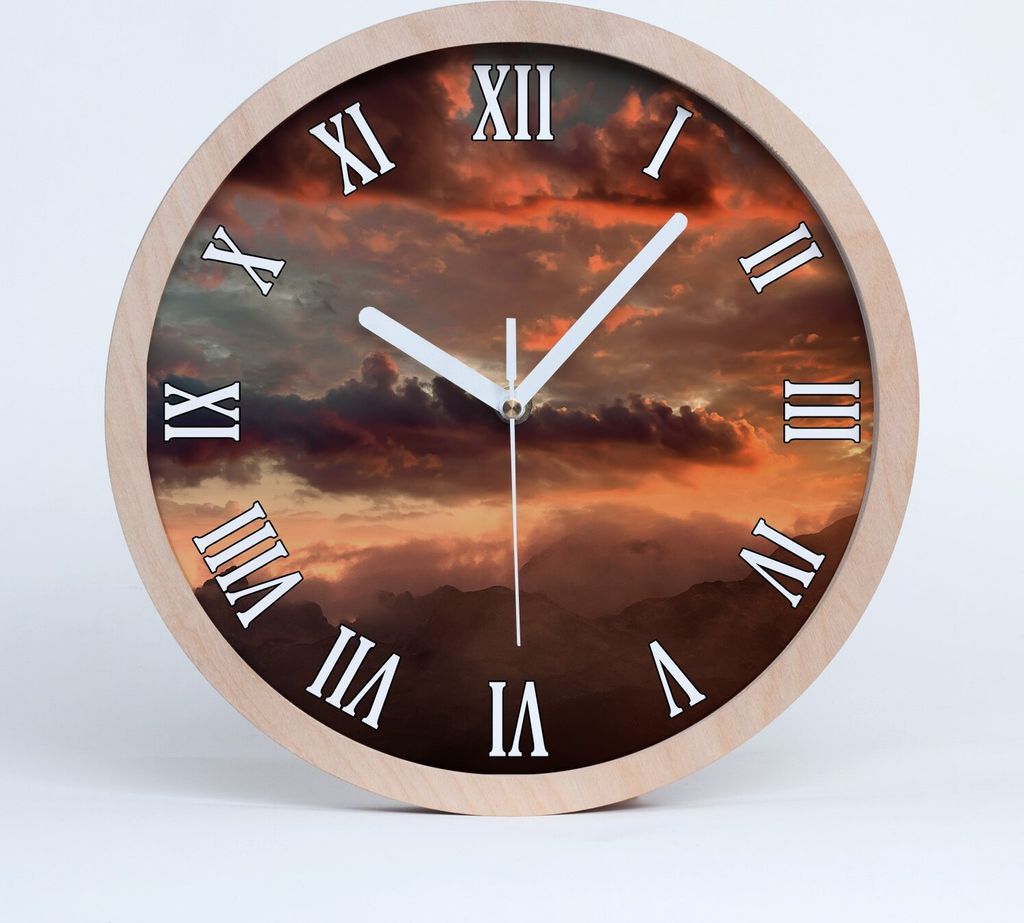 Holzuhr 25fi cm wanduhr - weiße Spitzen - Sonnenuntergang Berge