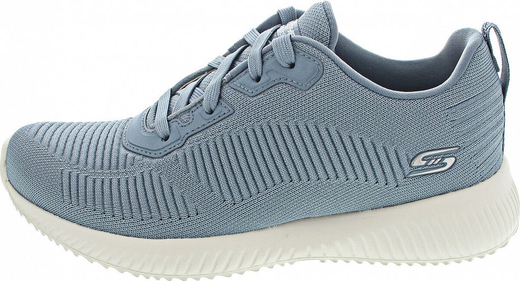 A side view of a blue Skechers Bobs Squad Tough Talk sneaker against a white background.