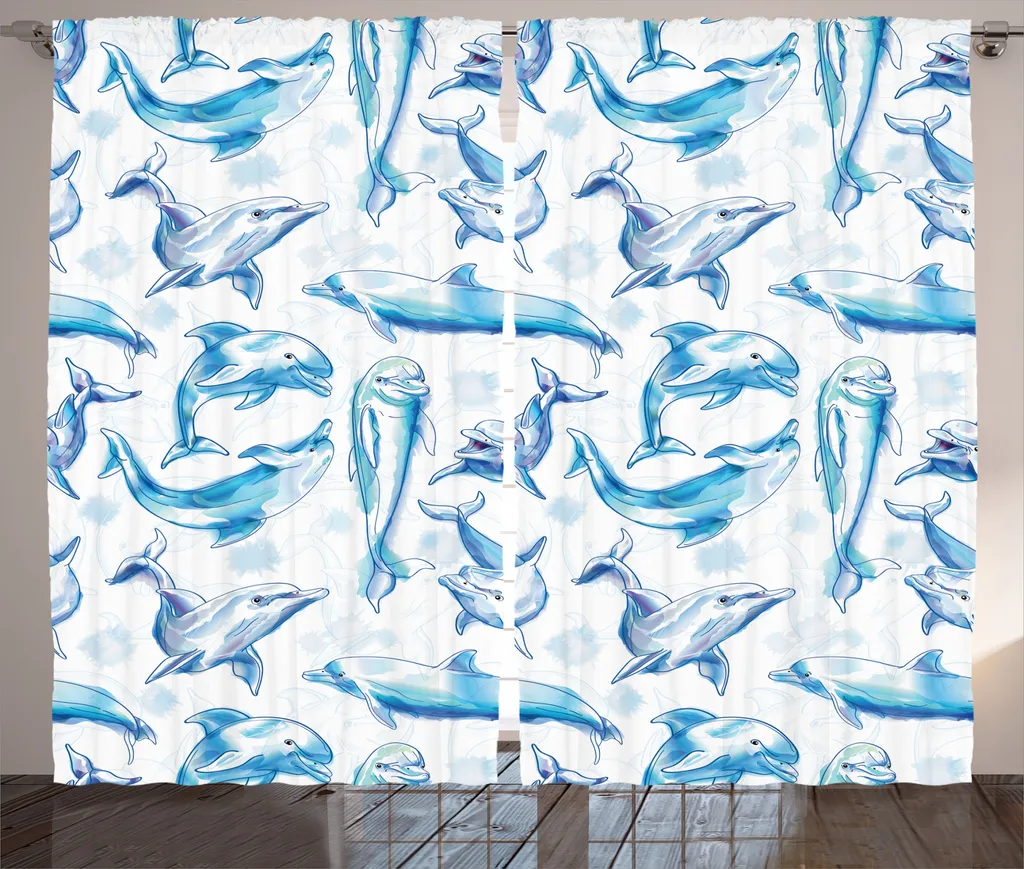 Rideau Ocean Life dauphins turquoise blanc 280x225cm à fronces rustique
