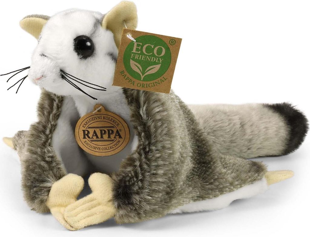 A plush toy squirrel with tags attached, lying on a white background.