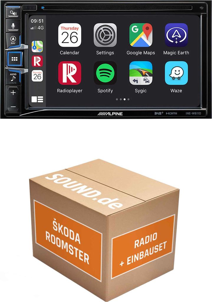 Autoradio Einbaupaket Alpine INE-W611D passend für Skoda Roomster 5J + Rückfahrkamera statisch | Navigationssystem CD-/DVD-Laufwerk