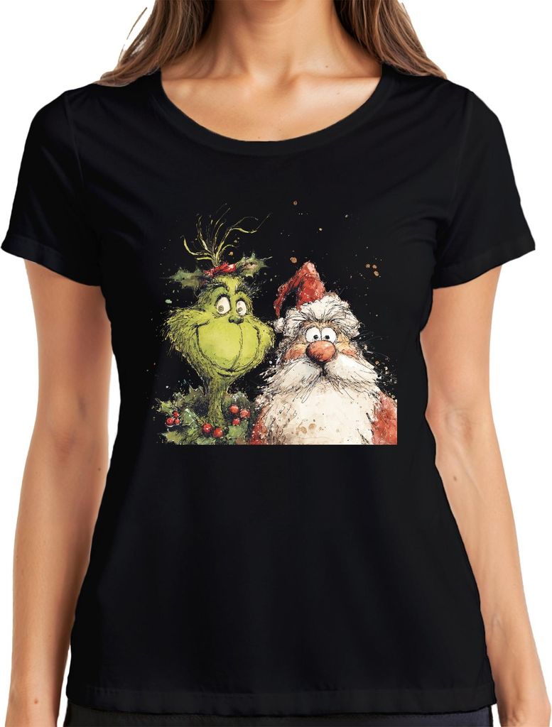 Grinch Weihnachtsmann lustig Weihnachten Geschenk Cartoon Retro Damen T-Shirt, Schwarz, XXL