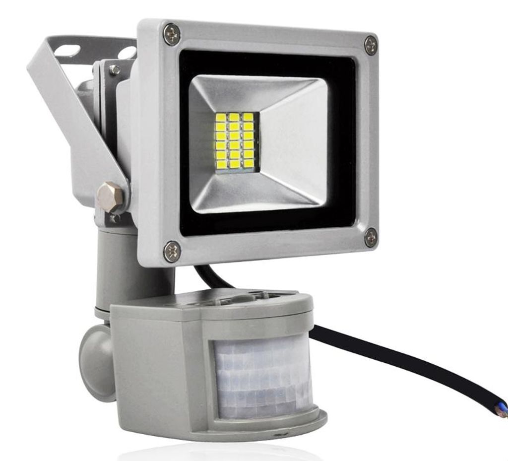 A product shot of an outdoor LED floodlight with a motion sensor.
