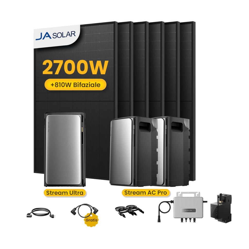 Balkonkraftwerk mit Speicher 5760Wh, EcoFlow Stream Ultra mit AC Pro Speicherx2, Jasolar 450Wx6(2700W)Solarmodule und STREAM Mikro-Wechselrichter 800W